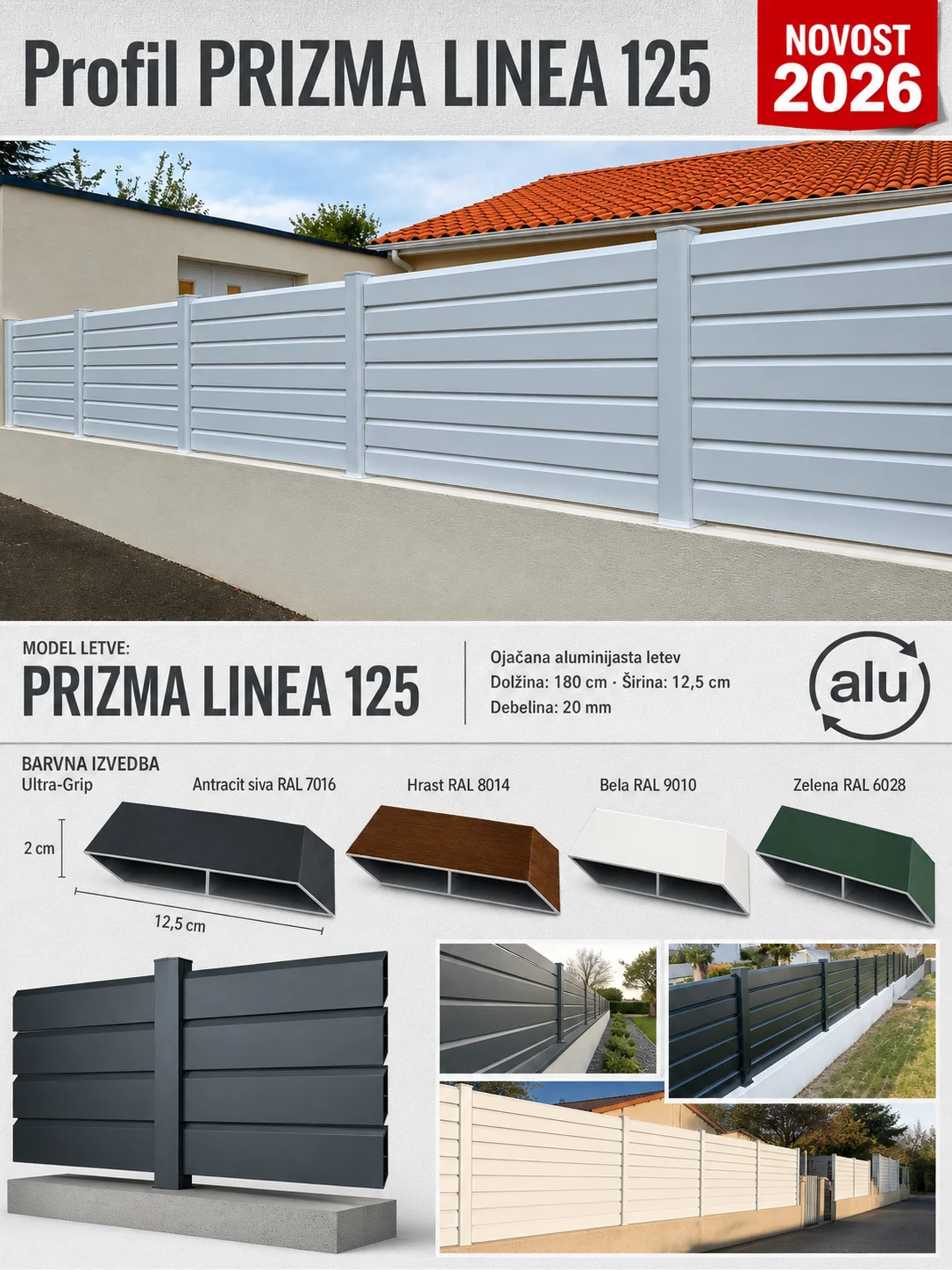 Tehnična kartica aluminijaste ograje PRIZMA LINEA 125